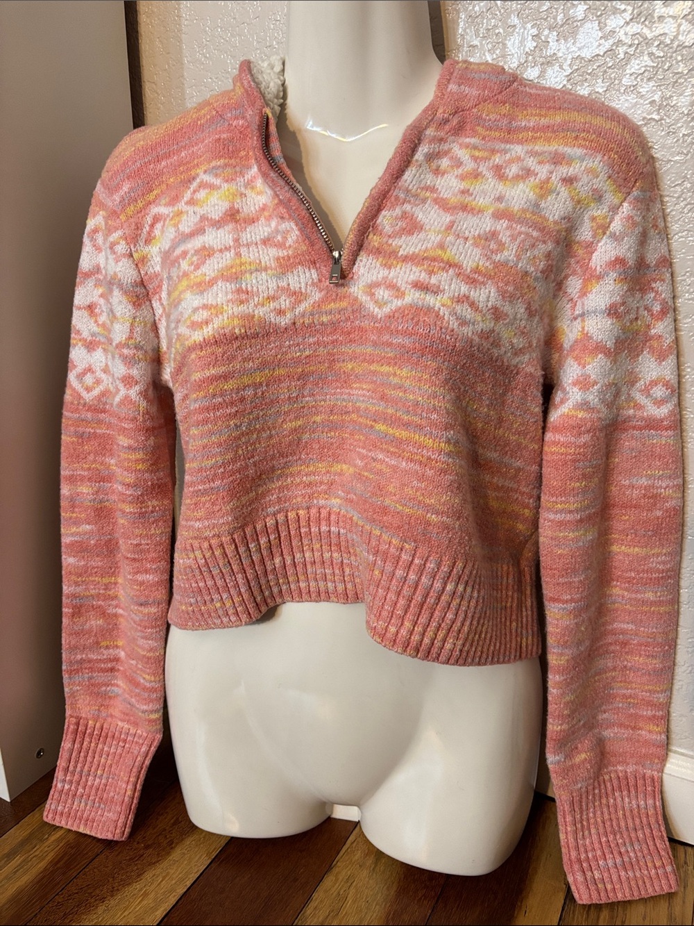 No Boundaries Pink Patterned Half-Zip Crew Sweater